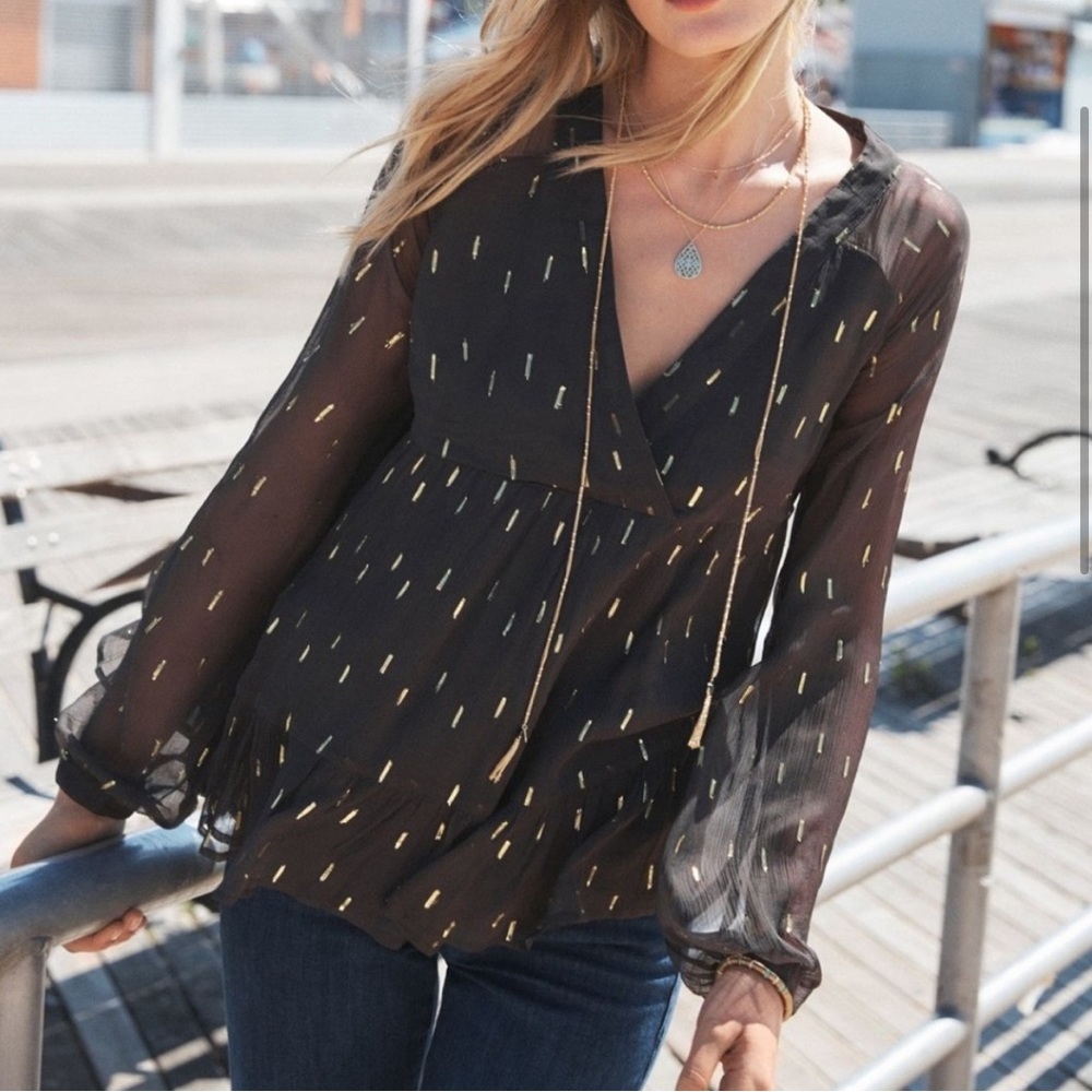 Sezane Stella Long Sleeve Blouse Black Gold Shirt Top 42 M L